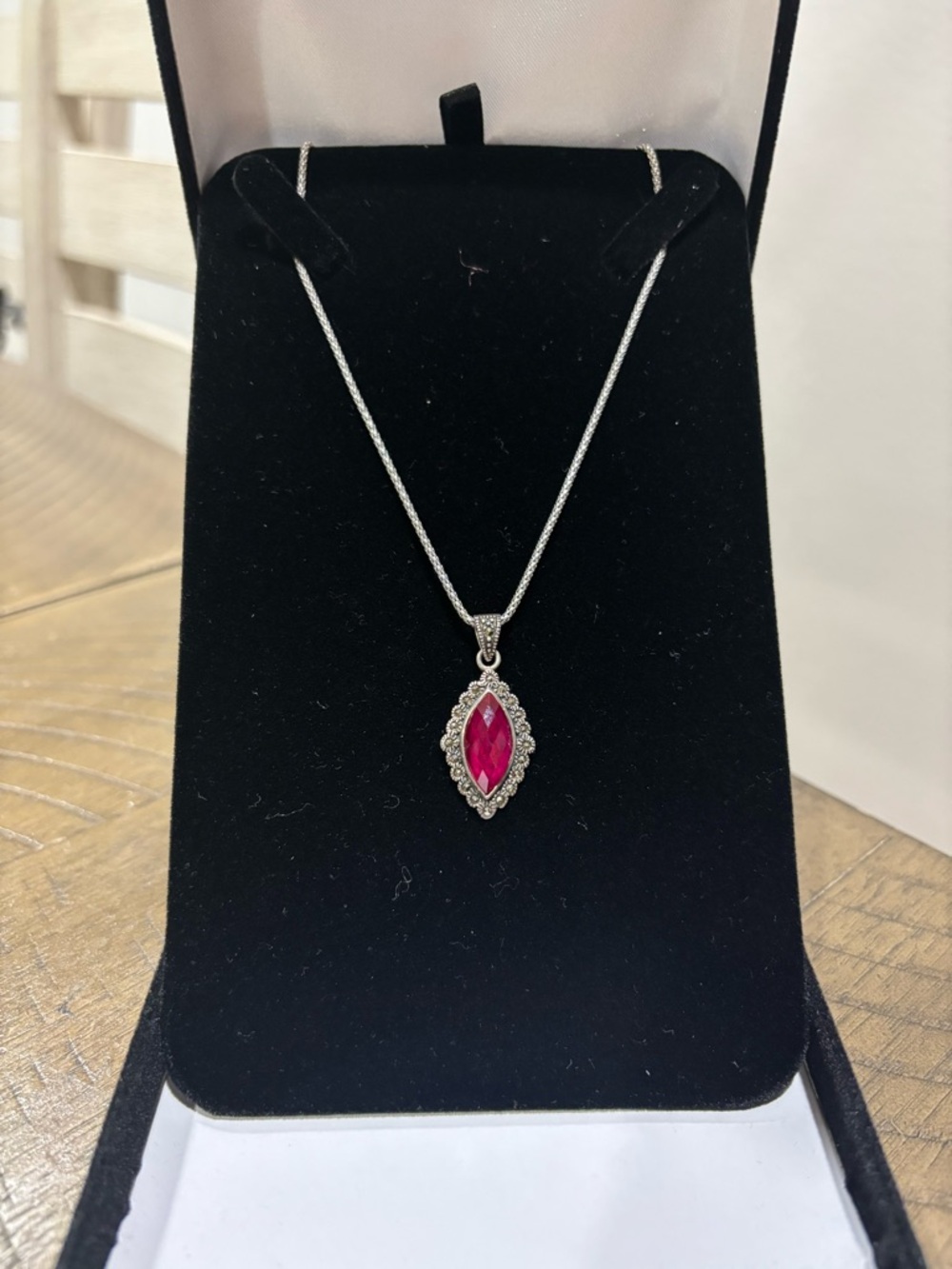 Silver Necklace with Pink Marquise Pendant